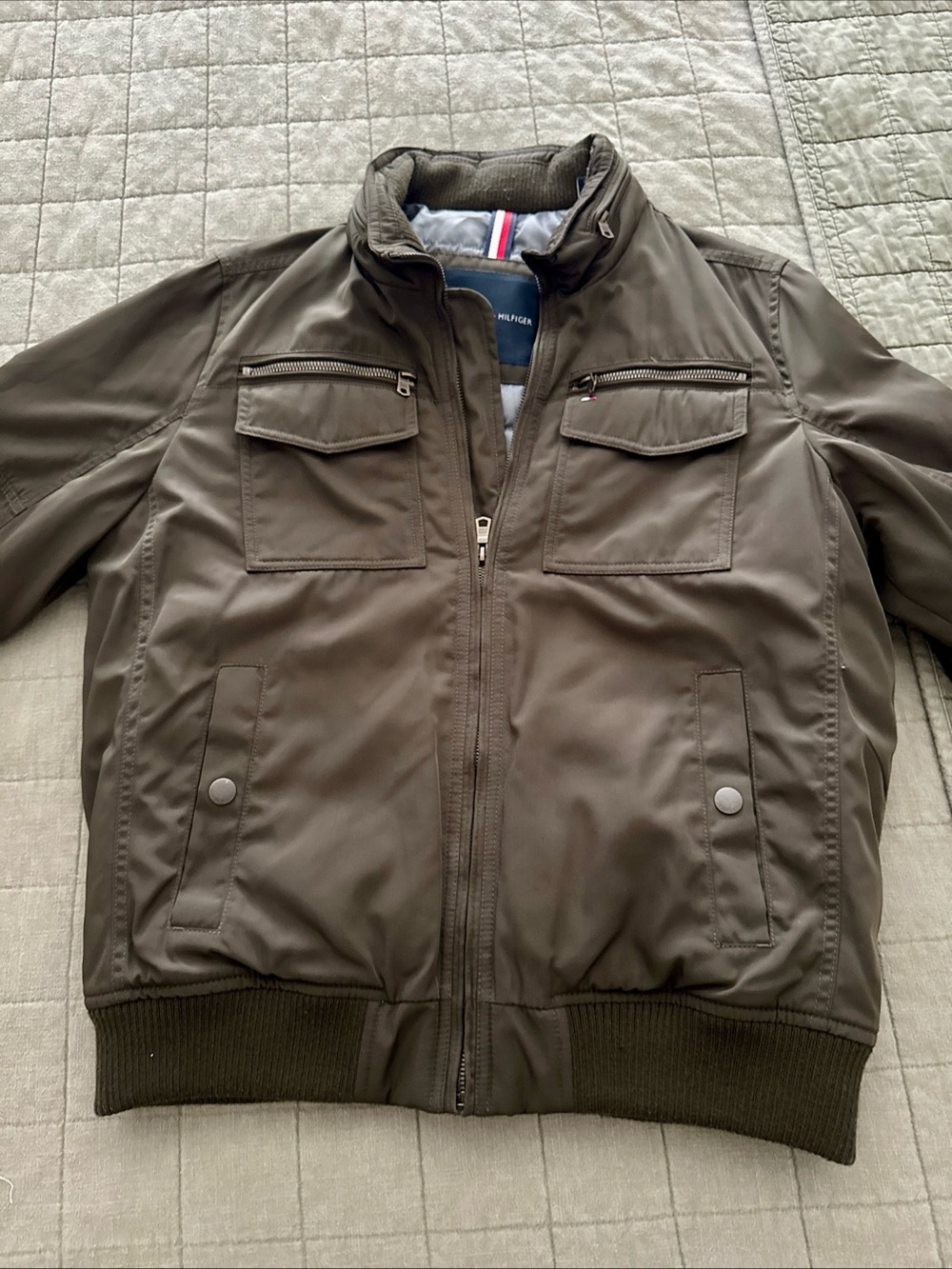 Tommy Hilfiger Men's Olive Bomber Jacket with Zip Pockets